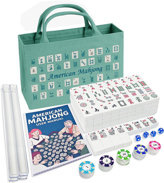 American Mahjong Tile Set – Complete 166 Tiles with Deluxe Accessories, 4 Racks, 100 Colorful Chips, Instruction Book & 1+3 Mahjong-Themed Storage Bags, Portable Mahjong Set for Family Fun & Holidays