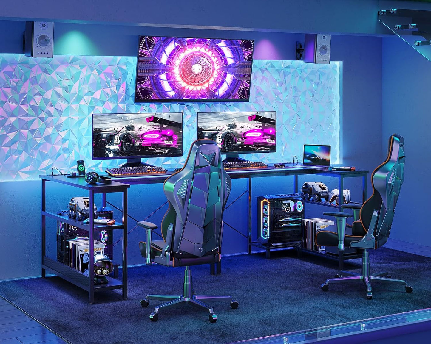 ODK 40 Inch Small L Shaped Gaming Computer Desk with Power Outlets, Corner Desk with Reversible Storage Shelves & PC Stand for Small Space, Modern Simple Home Office Table, Carbon Fiber Surface, Black