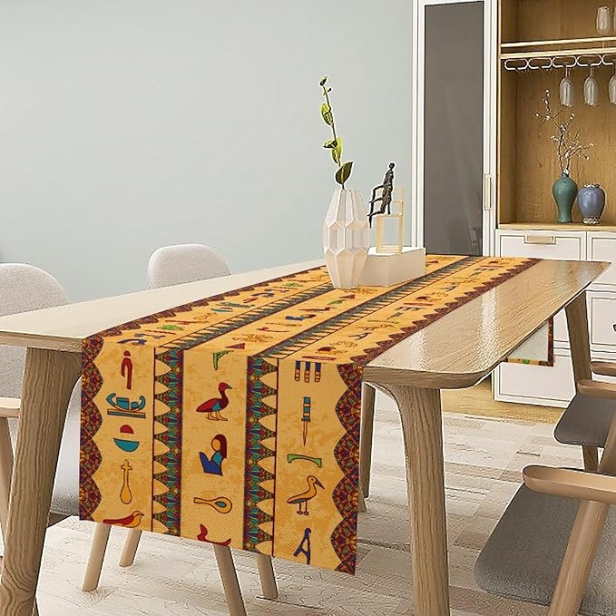 Egyptian Table Runner, Colorful Ancient Egyptian Hieroglyphs Floral Geometric Table Runner for Kitchen Family Dining Holiday Party Farmhouse 13x120in