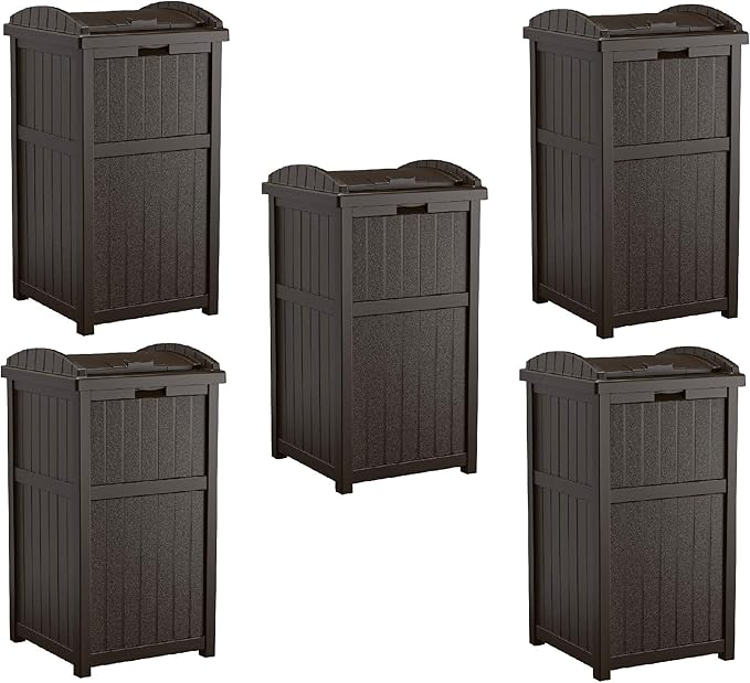 Suncast 5 Pack 33 Gallon Durable Plastic Hideaway Outdoor Garbage Can with Secure Lid & Wicker Design for Home Backyards, Decks, or Patios, Java Brown