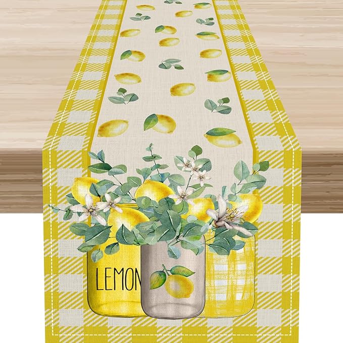 Lemon Table Runner, Farmhouse Yellow Buffalo Plaid Seasonal Summer Spring Fruits Lemon Coffee Table Center Decor for Home Kitchen Dining Party Patio Indoor Outdoor Table Decorations, 13"x72" Inch