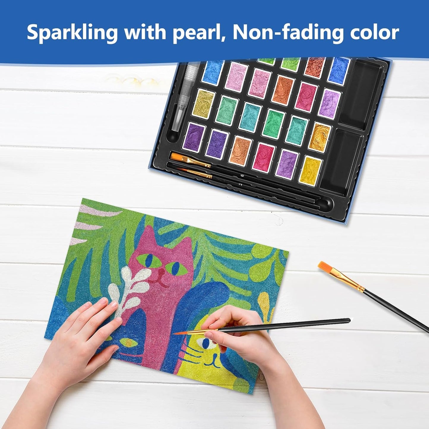 3ml Glitter Watercolor Paint Set with Paper, 24 Colors Shimmer Metallic Watercolour Painting Sets, Solid Pearl Water Color Paints for Adult, Kids, Matisse Style (Matisse 24Colors-L)