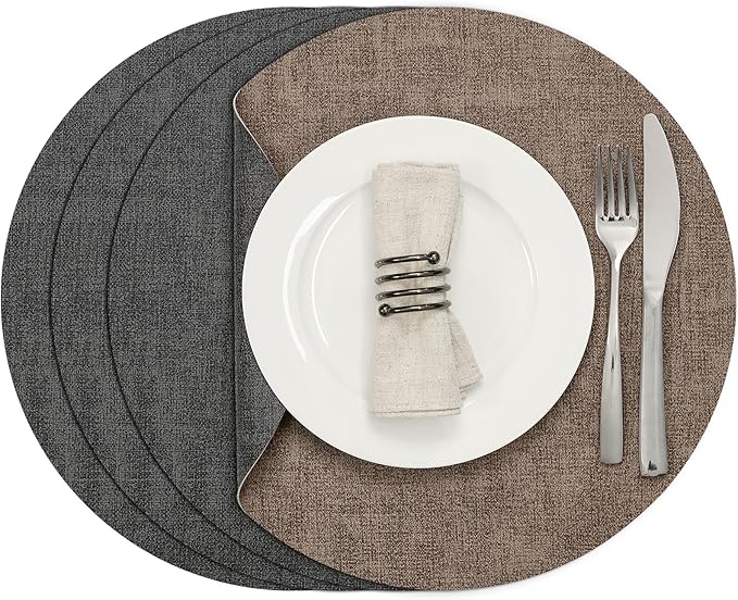 Myir JUN Round Placemats, Dual Sided Faux Leather Place Mats Set of 4 Indoor/Outdoor Non-Slip Washable Table Mats (Gray Brown, Set of 4)