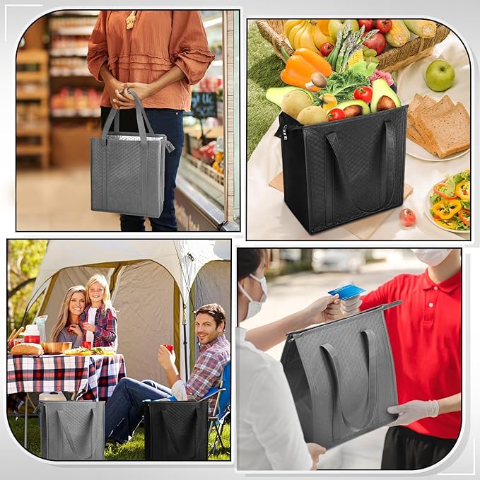 10 Pack Large Insulated Grocery Bags Reusable Shopping Bags with Zippered Top 13 x 12 x 7 Inch Thermal Cooler Totes Bulk with Handles for Hot Cold Food Delivery Refrigerator(Grey,Black)