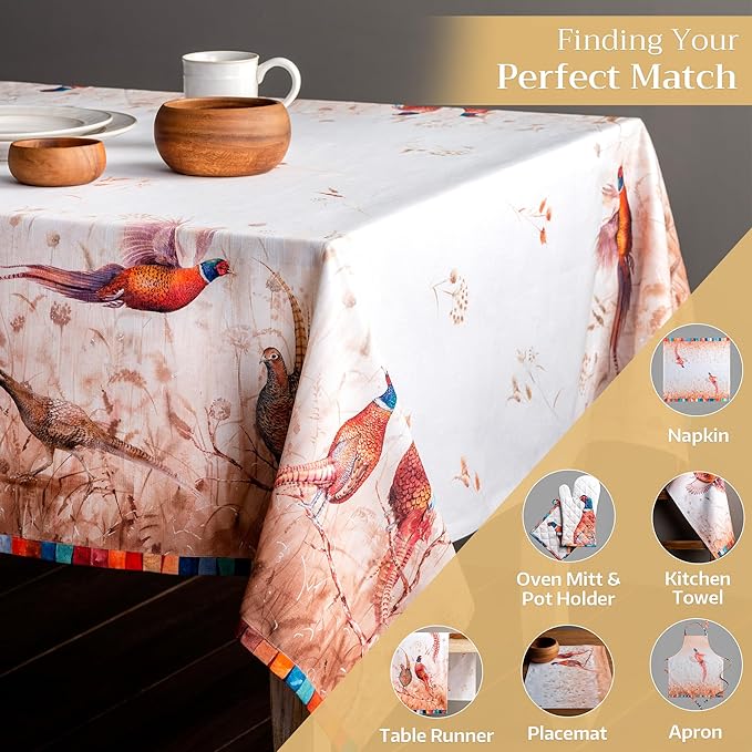 Maison d' Hermine Table Cloth Rectangle Table 100% Cotton 60 x 90 Inches Fall Tablecloth Reusable Everyday Use for Thanksgiving Christmas Decorations Dining Farmhouse Party (Faisan D'Automne)