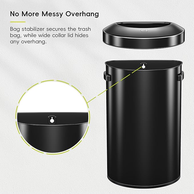 EKO Urban 21 Gallon Semi-Round Open Top Waste Bin, Stainless Steel Half Round Commercial Trash Can for Indoor and Outdoor, Extra Large Garbage Bin for Home, Office, Restaurant, 80L, Matte Black