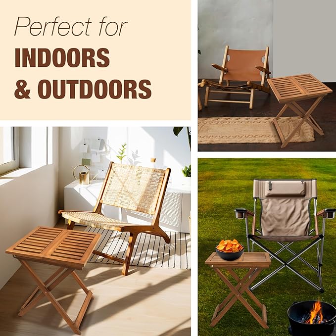 Folding Wooden Side Table – Premium Portable Foldable Table for Outdoor & Indoor Use, Patio, Camping & Small Spaces – Perfect with Adirondack Chairs – Golden Teak Finish