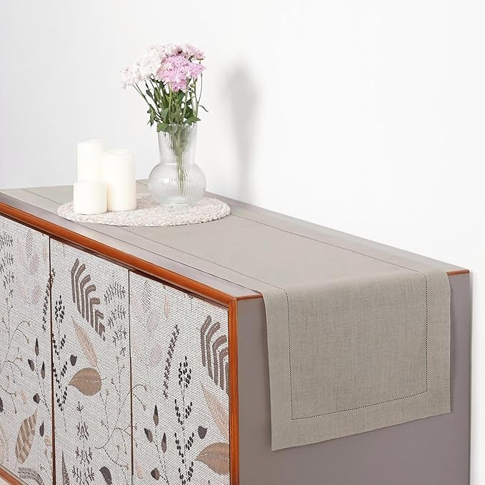 D'Moksha Homes Linen Natural Table Runner 60 Inches - Classic Hemstitch, 100% Pure Linen Coffee Table Runner 14 x 60 Inch Ideal for Dresser Tables, Valentines, Spring, Easter