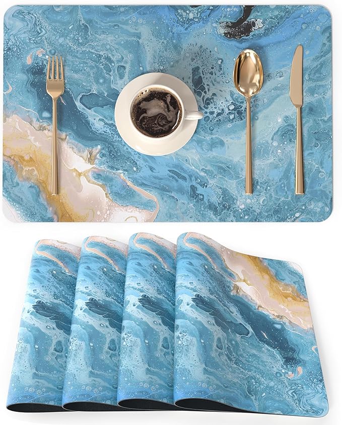 QIYI Placemats Set of 4, 12x18 Inch Faux Leather Place Mats for Kitchen Dinning, Heat Resistant Non Slip Pink Table Mats, Waterproof Wipeable Washable Placemat Party Table Décor, Blue Fluid Marble