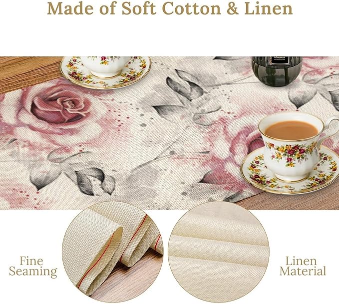 Pink Rose Floral Table Runner,Abstract Watercolor Flower Pattern Modern Romantic Kitchen Dining Table Decoration for Wedding Holiday Home Party 13x60in