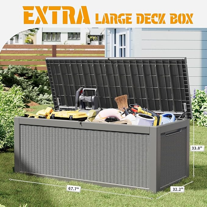 NUNU LAB Outdoor Storage Box, 320 Gallon Deck Box, Resin Waterproof Outside Storage Bench, Outdoor Storage Cabinet With Lockable Lid, Backyard Deck Box For Garden Tools, Patio Cushions, Grey