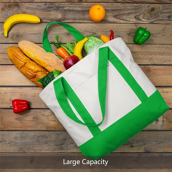 TOPDesign 3-Pack Canvas Tote Bags with an External Pocket, Reusable Grocery Shopping Bags, Top Zipper Closure, Daily Essentials (Lime Green/Natural)