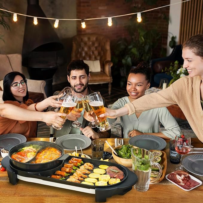 2 in 1 Electric Smokeless Hot Pot with Grill, 2200W Removable Hotpot Pot, Korean BBQ and Shabu Indoor Combo,Non-Stick Skillet Pan, Dual Adjustable Temperature, 1-6 People