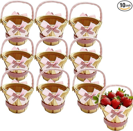 10 Pcs Mini Wooden Apple Baskets Bulk 4 x 5.1 Inch Bushel Baskets with Handle for Gifts, Farmers Market, Fall Picnic, Garden Picking, Fruit Strawberry Flowers Crafts, Home Wedding Party Decor