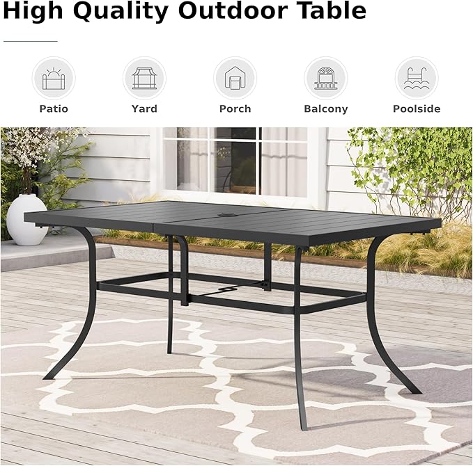 MFSTUDIO Outdoor Patio Dining Table for 6, Rectangle Weather Resistant Metal Patio Table with Adjustable Umbrella Hole, Black