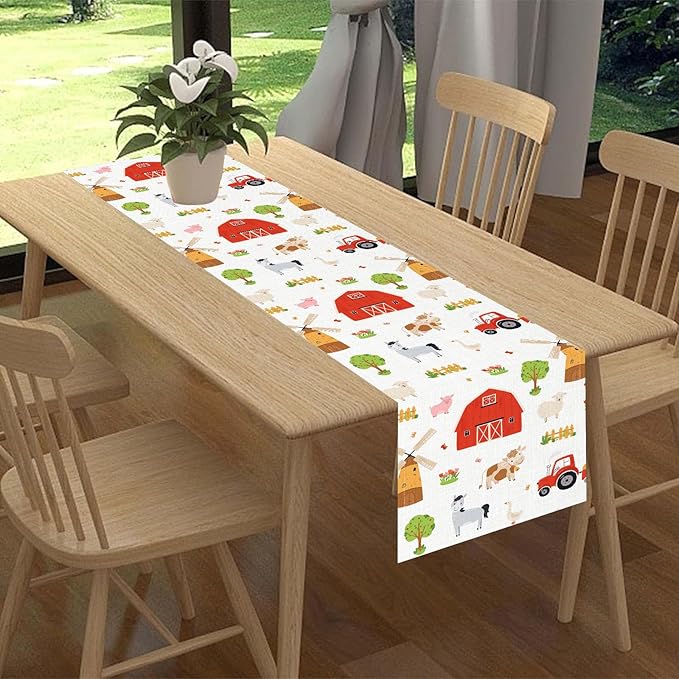 Farm Animals Table Runner, Rustic Farmhouse Cow Pig Rooster Watercolor Coffee Table Center Decor for Home Kitchen Dining Patio Holiday Party Indoor Outdoor Table Decorations, 13"x108" Inch