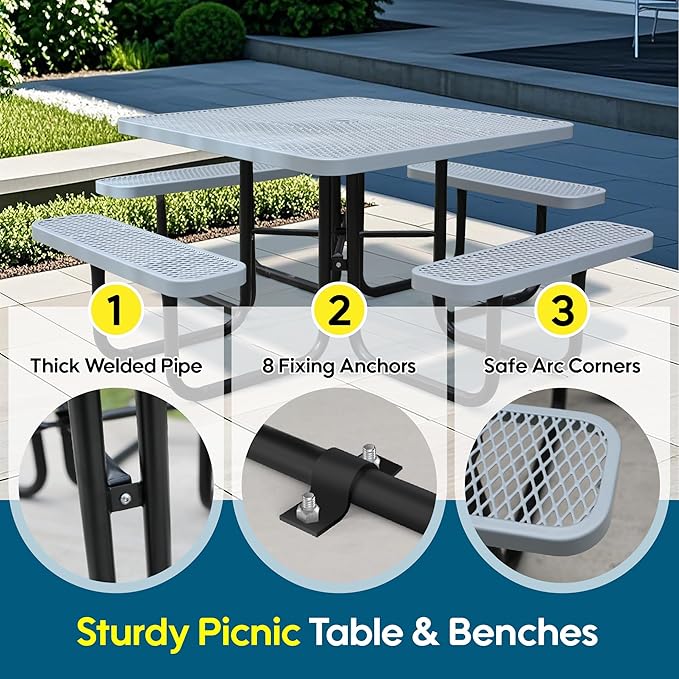 46'' Square Metal Picnic Table for Outdoors, Commercial Steel Metal Picnic Tables, Heavy Duty Sturdy Picnic Tables Furniture Set for Patio Garden Courtyard BBQ, with Umbrella Hole, Grey