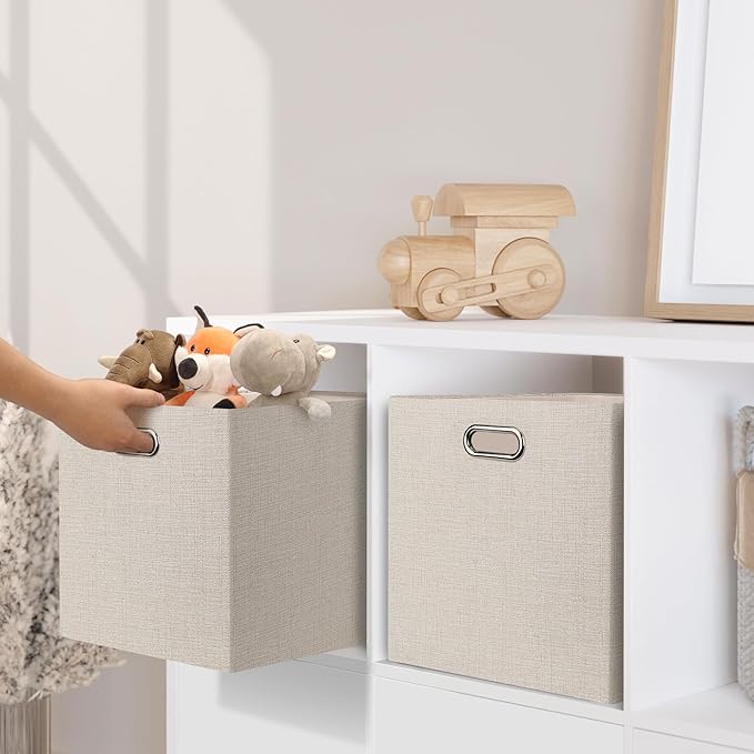 Posprica 13x15x13in Collapsible Storage Bins, Fabric Foldable Cube Storage Boxes, Decorative Storage Baskets Organizer for IKEA Kallax, Shelves, Closet, Clothes, Toy, Set of 4-Beige