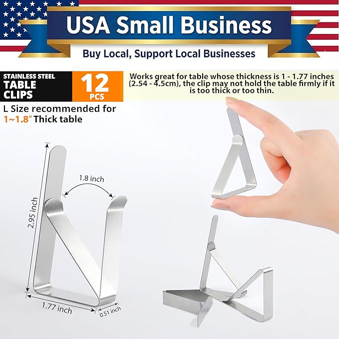 Tablecloth Clips [USA Based Brand] - 12 Pack Stainless Steel, Rust Proof Table Clips for Home, Restaurants, Picnic, Party, Dining Tables - Fits Up to 1.8 Inch Thick Tables