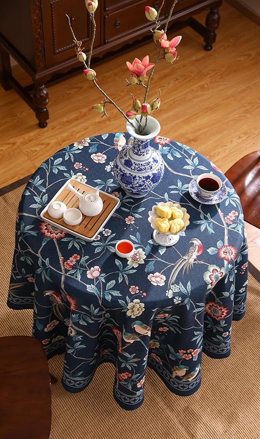 patdrea Designer Dark Blue Linen Round Tablecloth,Vintage Navy French Floral and Birds Pattern Table Cloth,Decoration Table Cover for Kitchen,Dining,Tea Party,Home,Christmas,Diameter 67"