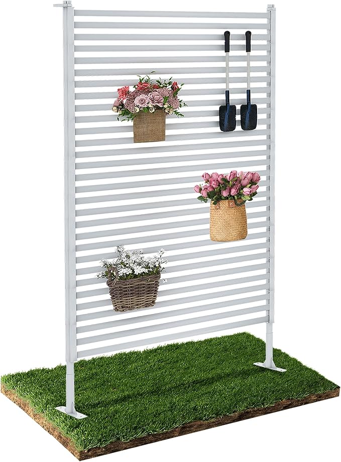 Outdoor Privacy Screen Fence with Feet Stand 4FT x 6FT, Freestanding Fence Privacy Screen for Outside, Metal Pipes and Slats Panels Divider Stake for Garden Patio Balcony Backyard White