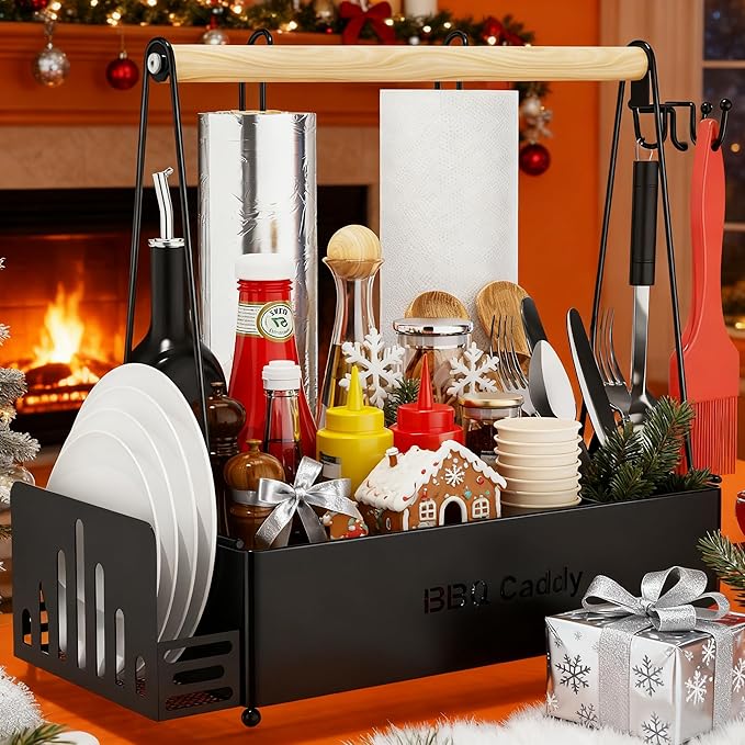 Grill Caddy, BBQ Caddy for Outdoor Grill with 2 Paper Towel Holders, Picnic Condiment Utensil Caddy, Camping Essentials, RV, Tailgating, Grilling Accessories, Camping Kitchen, Gifts for Men
