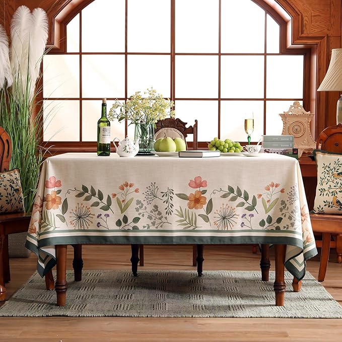 Beige Linen Rectangle Tablecloth,Vintage French Shabby Chic Floral Wrinkle Free Table Cloth,Decor Table Cover for Kitchen,Dining,Party,Home,Christmas,Thanksgiving,55"*79"-Manolya
