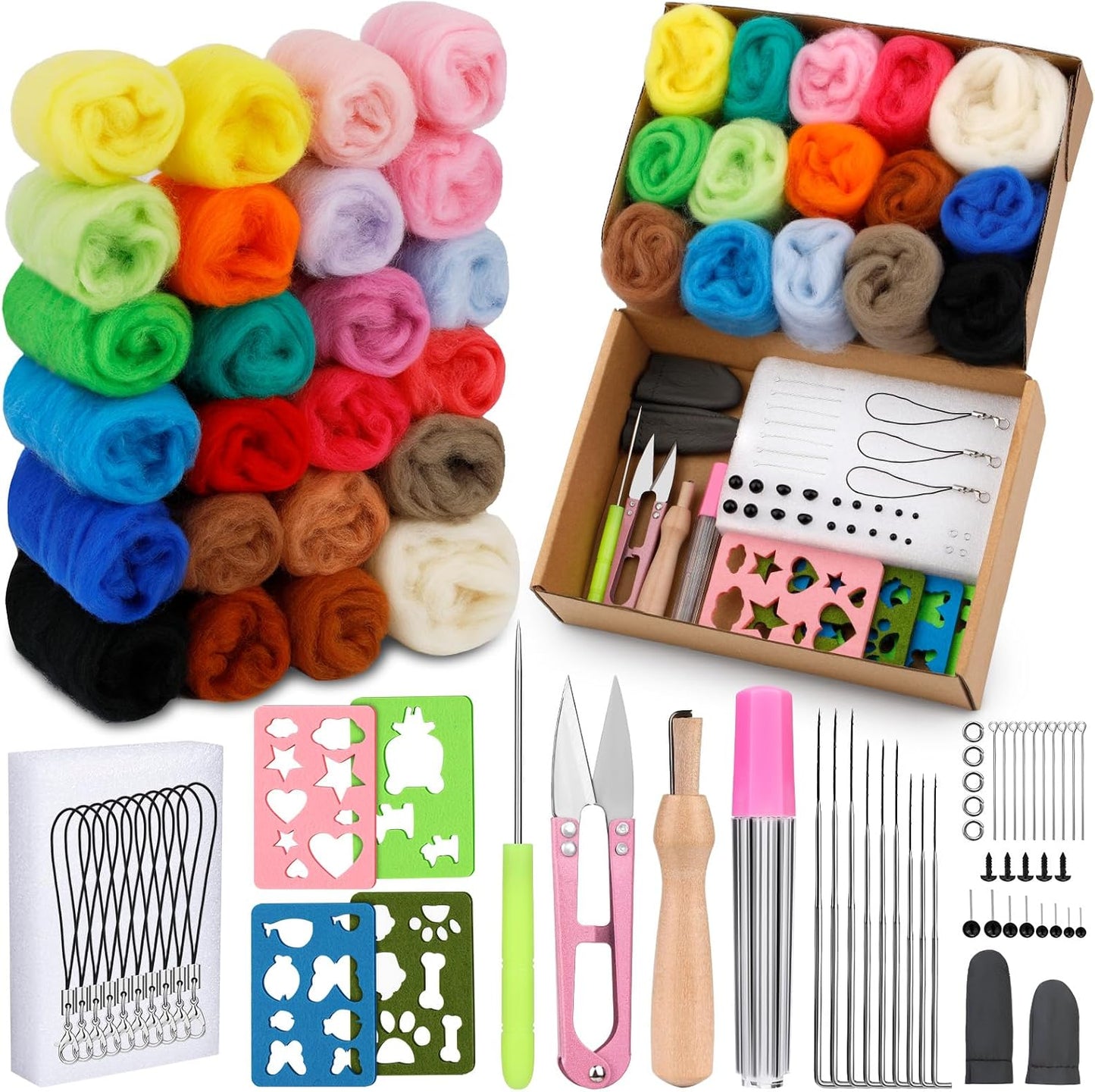 Yizzvb Needle Felting Kit, Wool Roving 24 Colors Set, Needle Wool Felting Tools Kit for Beginners, Needle Felting Starter Kits with Felting Needles for Felted Animal Needle Felting Supplies