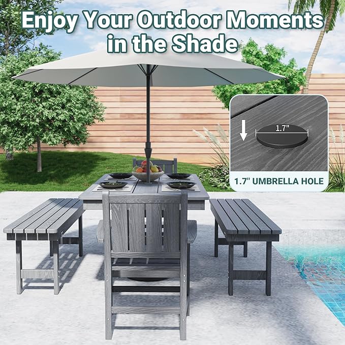 Pamapic 5 PCS Outdoor Dining Set, Spacious HDPE Outdoor Table and Chairs with 2 Bench, Wood Grain Patio Furniture Sets with Elegant Armrest, All-Weather Outdoor Furniture with Umbrella Hole, Gray