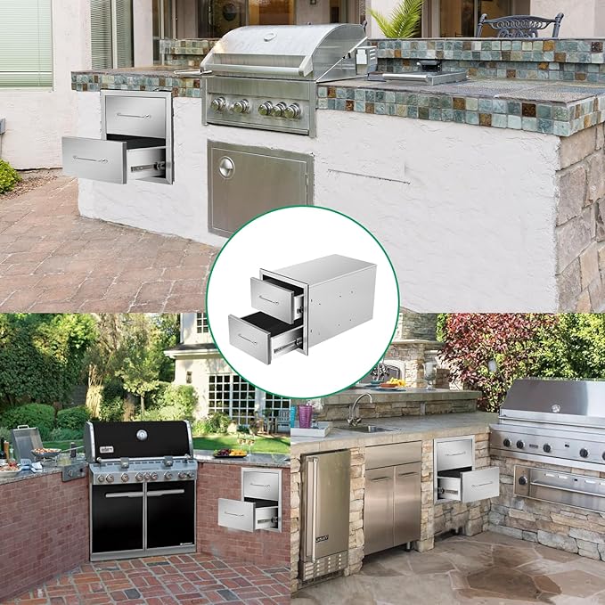 Outdoor Kitchen Drawers 14" W x 15" H x 23" D Stainless Steel Double Drawers with Ergonomic Handle for BBQ Island, Patio Grill Station & Outdoor Kitchen Cabinets