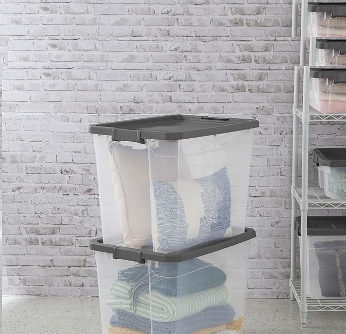 108-Quart Clear Plastic Stackable Storage Tote with Latching Lid, Textured Grip, Flat Grey Lid,Heavy Duty Stackable Storage Bins, – Closet, Bathroom, Office Organizer