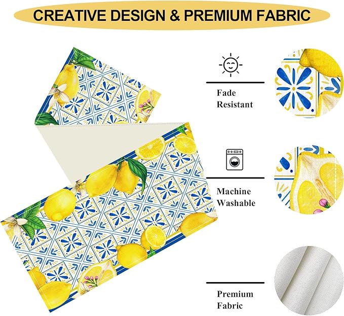Lemon Table Runner, Blue Tile Yellow Vintage Moroccan Summer Seasonal Fresh Fruits Coffee Cafe Vintage Table Center Decor for Home Kitchen Dining Party Patio Indoor Outdoor, 13"x90" Inch
