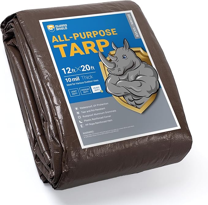 GUARD SHIELD Tarps Heavy Duty Waterproof 12x20 Feet Brown/Bright Silver Poly Tarp Cover Outdoor Thick UV Resistant Tarpaulin with Grommets 10mil