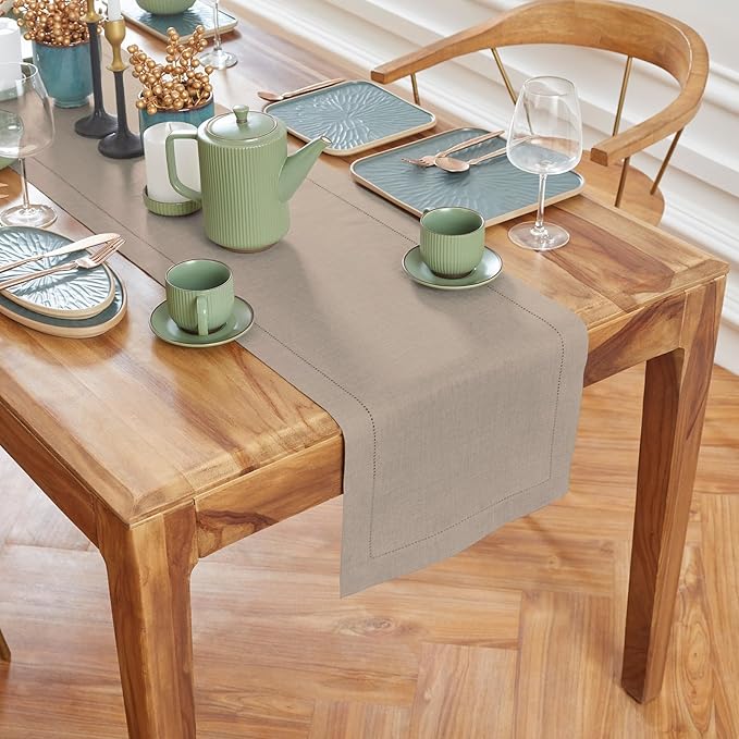 Solino Home Natural Hemstitch Table Runner 60 Inches - 100% Pure Linen Small Table Runner 14 x 60 Inch Ideal for Dresser and Coffee Tables - Medium Weight, Spring, Easter