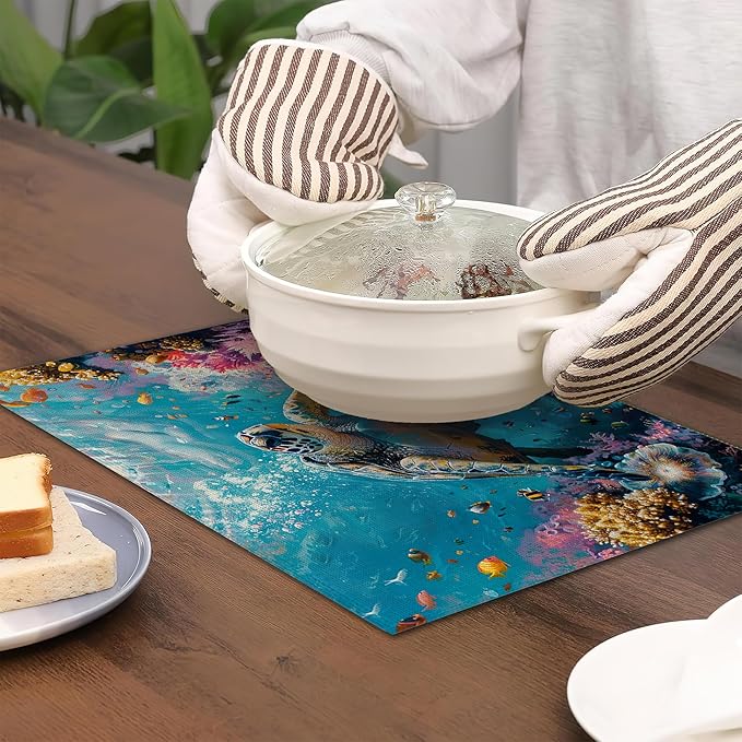 Sea Turtle Placemats Set of 6,Fish Coral Colorful Waterproof Non-Slip Washable Table Mats for Kitchen Dining Holiday Party Wedding Decor 12x18 Inch
