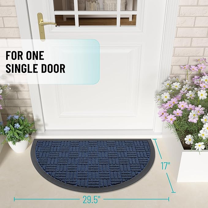 OLANLY Half Circle Door Mat Outside Entrance 29.5x17, Absorbent, Heavy Duty Sturdy Natural Rubber Doormat Indoor Outdoor, Fade Resistant, Non-Slip Backing Low Profile Floor Mat for Entryway, Navy Blue