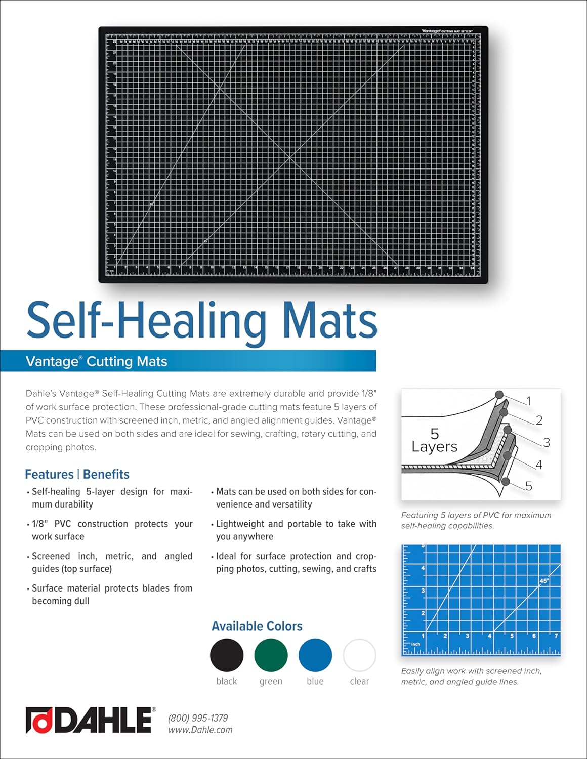 Dahle Vantage 10471 Premium Self-Healing Cutting Mat, 12"x18", 1/2" Grid, 5 Layers for Max Healing, Perfect for Crafts & Sewing, Green
