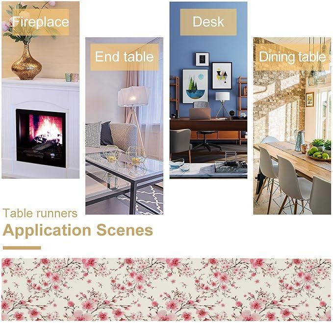 Cherry Flower Table Runner, Seasonal Spring Cherry Blossoms Branches Watercolor Floral Print Table Cover for Kitchen Dining Table Indoor Outdoor Party Decor, 13x36inch