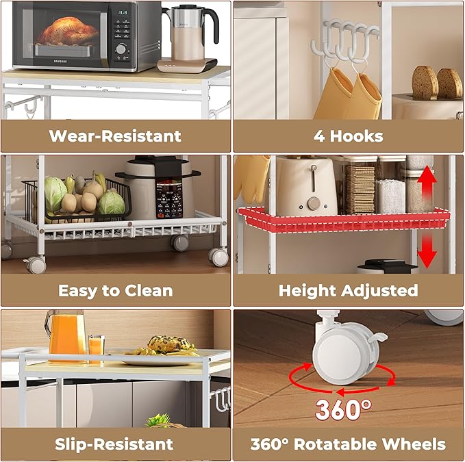 Microwave Kitchen Cart with 2 Lockable Wheels, White Kitchen Storage Cart with Push Handle, 3 Tier Rolling Cart with 160Lbs Capacity for Kitchen Island, Restaurant, Coffee Bar, Living Room, Office