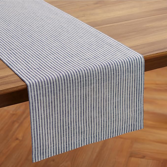 Solino Home Linen Striped Table Runner 108 Inches Long - Narrow Stripe 100% Pure Linen Navy and White Dining Table Runner 14 x 108 Inch for Spring, Easter