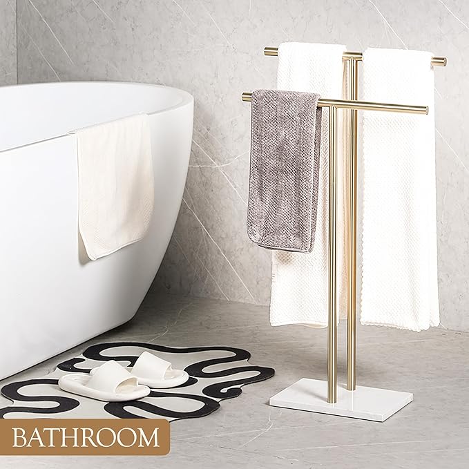 Free Standing Towel Rack for Bathroom - Satin Gold Finish - Stand Alone 2 Tier Stainless Steel Towel Rack for Bathroom Floor with Heavy Marble Base, Double T Shape Drying Stand for Towels