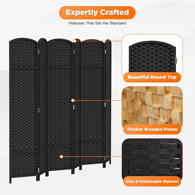 Room Divider 6 Panel Screen 5.6 Ft Tall Partition Room Dividers Black Privacy Screens Folding Room Separation Free Standing Waterproof Wood Frame Wall Divider