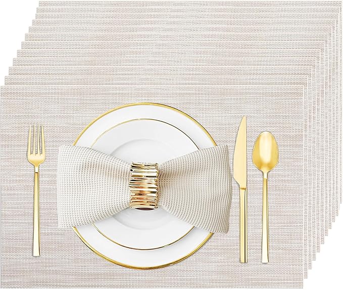Placemats Set of 12 Washable&Wipeable Place mats for Dining Table Kitchen Indoor Outdoor Table Mats Heat Resistant Non Slip Woven Vinyl Table Placemats (Beige，12PCS)