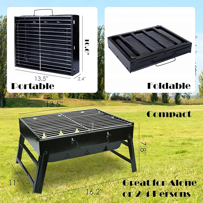 Portable Charcoal Grill for Camping Tailgating Beach Boating Foldable Small Barbeque Grill for Outdoors Lightweight Tabletop BBQ Grill Set with Tongs Gloves Scrubber