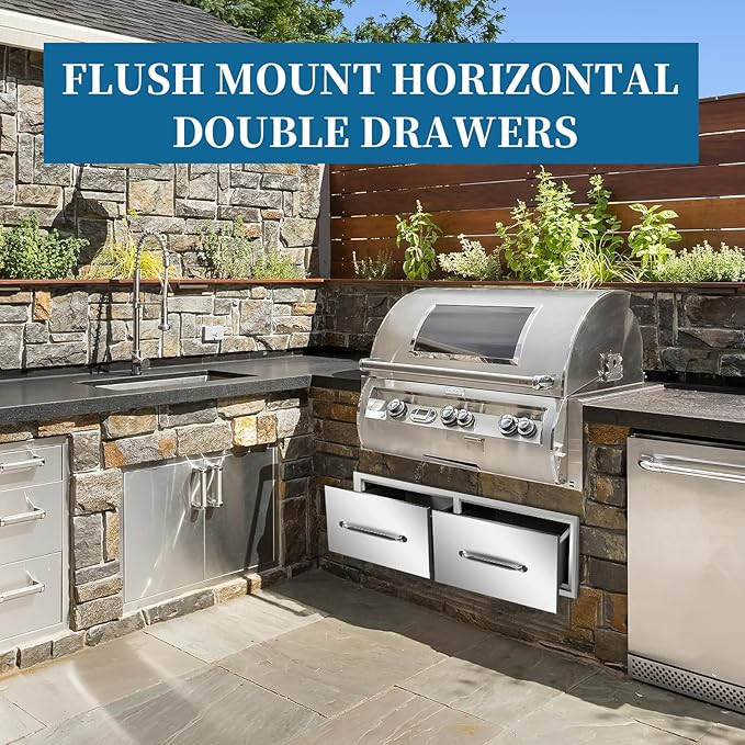 Outdoor Kitchen Drawers 30"Wx10"Hx20"D Flush Mount Access Horizontal 2-Drawer BBQ Stainless Steel Drawers with Handle for Outdoor Kitchen Island or Grill Station