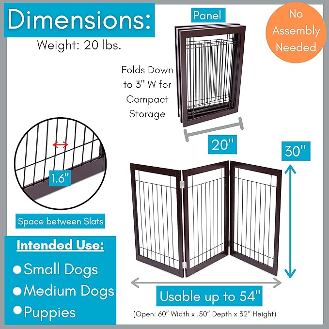 INTERNET'S BEST Dog Gate - Indoor Pet Safety Divider - Portable Free Standing Doggy Barrier for Stairs, Doorways, and Hallways - Tall Puppy Fence - No Drilling Needed - 3 Panel, 30 Inch - Espresso