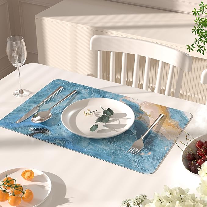QIYI Placemats Set of 4, 12x18 Inch Faux Leather Place Mats for Kitchen Dinning, Heat Resistant Non Slip Pink Table Mats, Waterproof Wipeable Washable Placemat Party Table Décor, Blue Fluid Marble