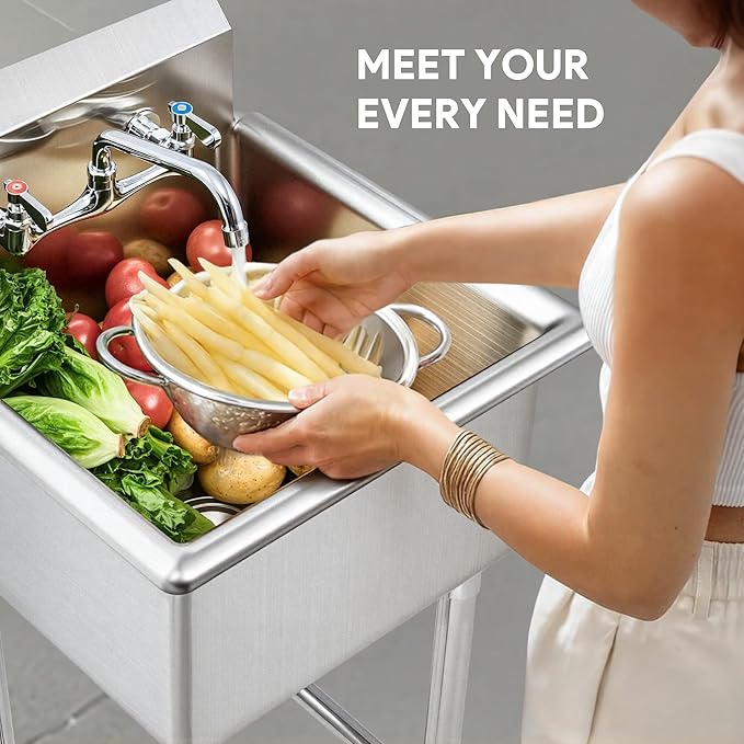 WILPREP 1-Compartment Sink, 18x18x12 in. Kitchen Sink with Strainer X-Shaped Guides Backsplash, Freestanding Single Bowl Utility Sink, Work Station Sink for Garage Kitchen Laundry Room Pet Salon