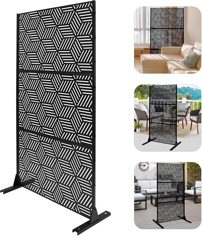 Outdoor Privacy Screen Freestanding, 36" W x 71.5" H Outdoor Decorative Screen Backyard Privacy Fence for Patio Garden Balcony Porch, Black Rhombic Panels