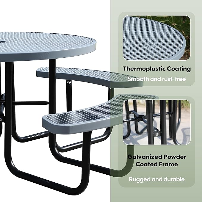 46'' Round Metal Picnic Table for Outdoors, Commercial Steel Metal Picnic Tables, Heavy Duty Sturdy Picnic Tables Furniture Set for Patio Garden Courtyard BBQ, with Umbrella Hole, Grey